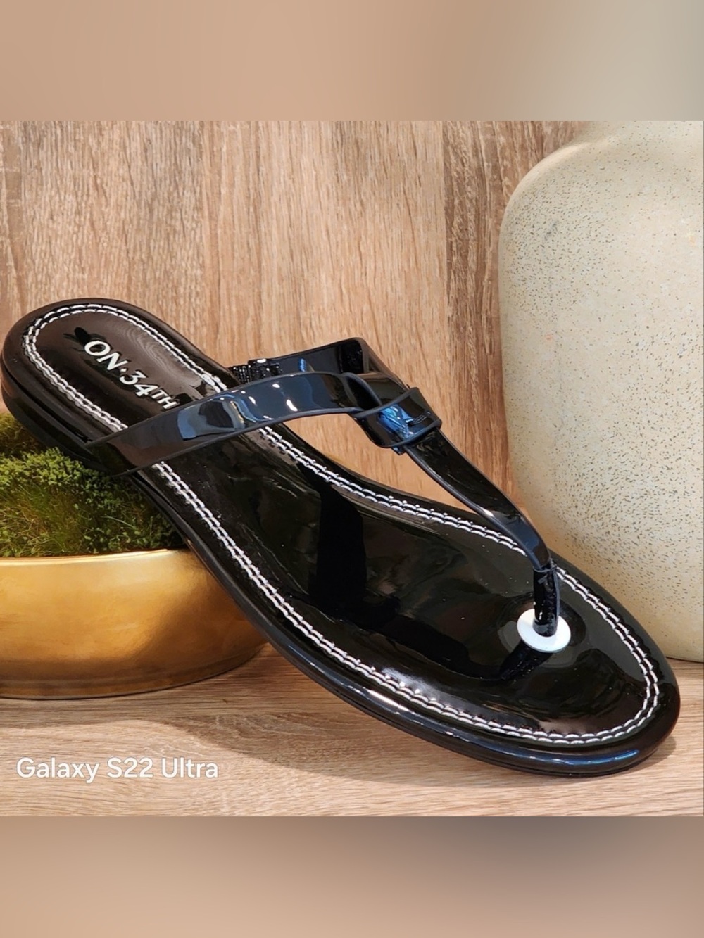On 34th Black Patent Thong Sandal for Women